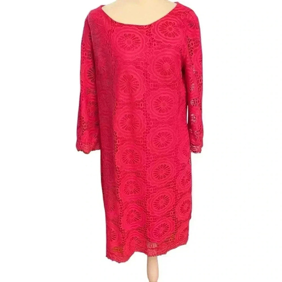 London Times Pink berry/Fuchsia Shift dress Size 14 Floral Lace Overlay Flowy - Picture 1 of 12